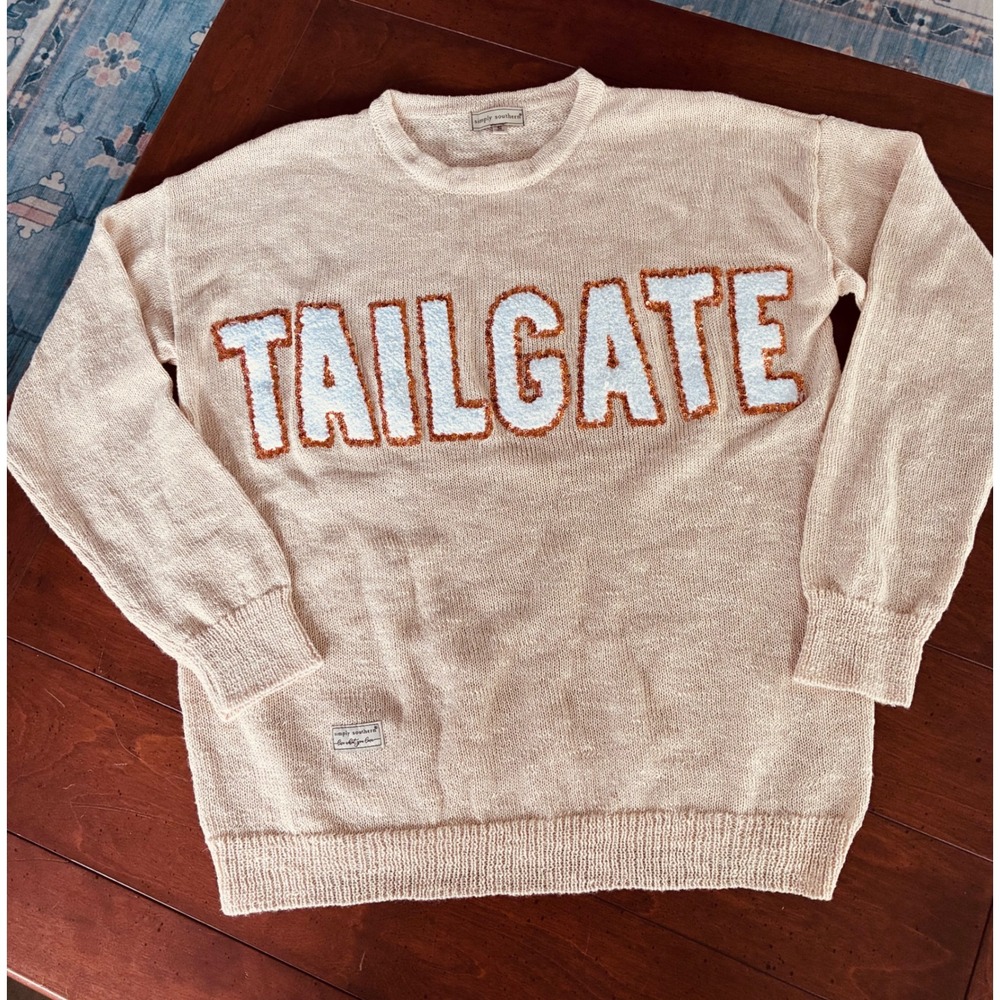Simply Southern Tailgate Crew‎ Neck Sweater Cream Sequin Graphic Small